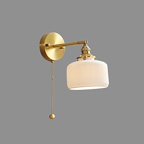 Jadssox Applique Murale Moderne en céramique avec Interrupteur à chaîne, Lampe de tête de lit en cuivre, luminaires muraux E27 Abat-Jour Blanc nervuré pour Salon Chambre