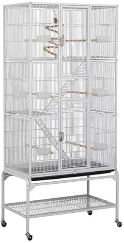 Abician Grande Cage à Oiseaux à 3 Niveaux avec 2 échelles en métal Volière Extérieur avec Pied sur Roulette 81 x 46,5 x 175,5 cm Blanc