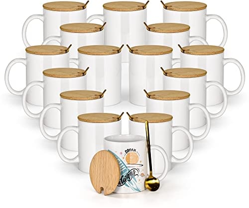 AGH 16pcs 11 Oz Sublimation Mugs Blank, White Coffee Ceramic Mugs Bulk, Plain Mug Cups for Sublimation with Bamboo Lids and Stainless Steel Spoon For Coffee, Soup, Tea, Milk, Latte, Hot Cocoa