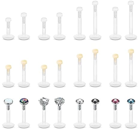 MixPiercing 24Stk Bioflex Ashley Lippenpiercing Plastik Labret Lippe Medusa Piercing Kunststoff Stecker für Helix Tragus Nase Push Fit Stab 1,2mm Stablänge 6mm 8mm 10mm 12mm