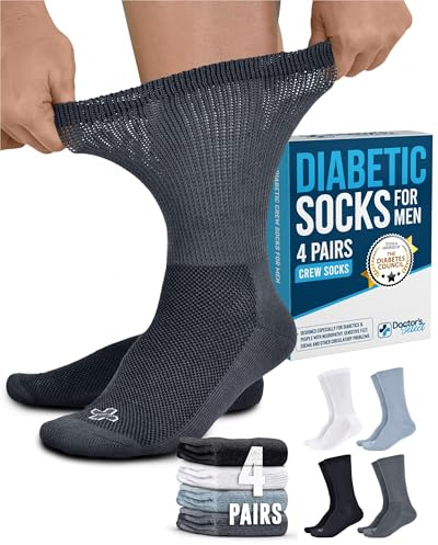 Doctor's Select® Diabetic Socks for Men - 4 Pairs Crew Neuropathy Socks for Men | Black, White, Light Gray, Gray | Diabetic Socks for Men 9-12 | Moisture Management