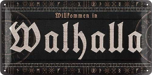 LANOLU Retro Blechschild WALHALLA - Wikinger Deko Schild als Wanddeko, Gothic Deko Wohnung, Valhalla Metallschild 16x32cm