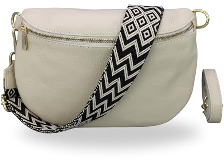 BRISE Bauchtasche Damen Echtleder AFIA Gold Handgemachte Umhängetasche Crossbody Bag mit Ledergurt + Optionalen Breiten Gemusterten Riemen 3 Fächer Hüfttasche Made in Italy (Beige-Gold 4)