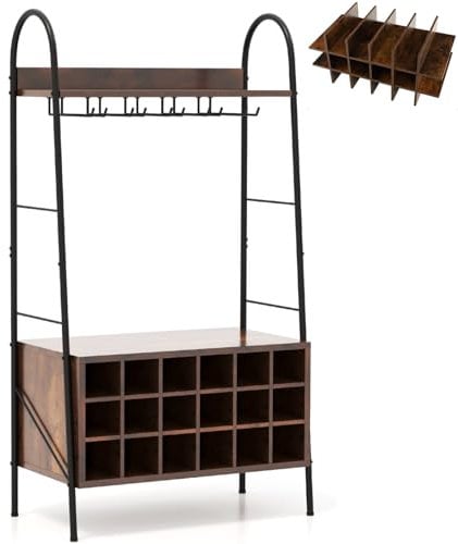 TANGZON Kitchen Baker's Rack, Industrial Microwave Stand with Detachable 18-Bottle Wine Rack, Glass Holders & Anti-Tipping Device, Freestanding Utility Storage Shelves Organiser, Rustic Brown