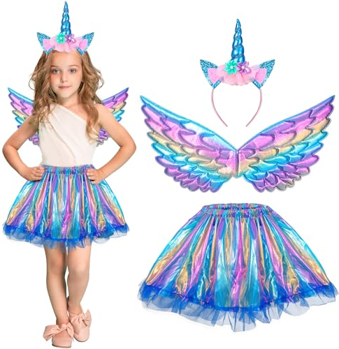 Hifot Einhorn Kostüm Prinzessin Set 3 Stück,Regenbogen Tutu Rock Mädchen Kostüm Tüllrock,Einhorn Haarreif Flügel für Mädchen für Unicorn Cosplay Kindergeburtstag Karneval