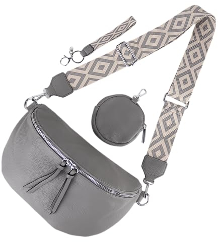 MIRROSI® Bauchtasche Damen, Veganleder 30x19x10cm, Umhängetasche, Brusttasche, Crossbody bag, Kunstleder leder, verstellbare Schulterriemen Bohemian Style (Grau)
