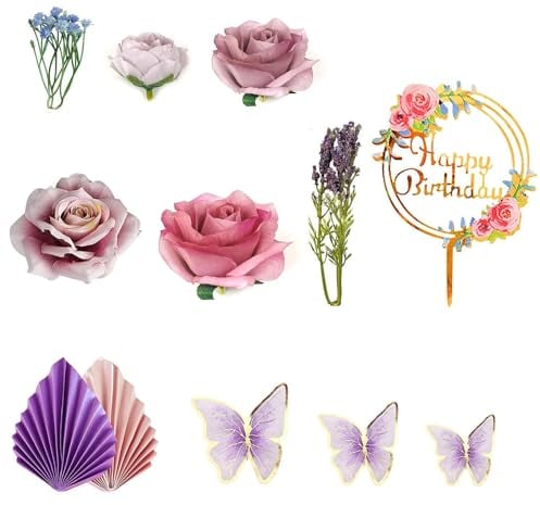 Purple Style Cake Decorations Set Flower and Butterfly Cupcake Toppers with Artificial Rose Flowers Leaves Cake Pick Decorations for Birthday Party Decal Prom DIY Party Crown Cake Supplies