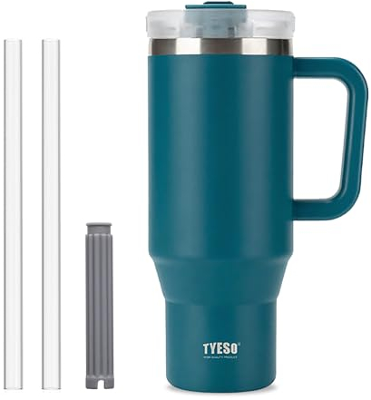 Coffee Cup Travel Mug with Handle, 40oz Tumbler with Lockable Lid, Stainless Steel Vacuum Insulated Water Bottle with Straw, Leakproof & Portable Travel Cup for Hot and Cold Drinks (Lake Blue)