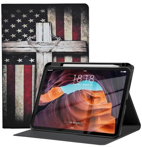 Schutzhülle für iPad (A16) 11. / 10. Generation 2025/2022, schlanke Folio-Schutzhülle mit weicher TPU-Rückseite, automatische Wake/Sleep-Funktion, amerikanische Flagge und Kreuz