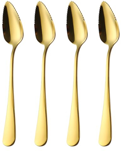 YOCDNOV 4pcs Cucchiai di Pompelmo- Cucchiaio in Acciaio Inossidabile con Bordo Seghettato,Cucchiaio da Dessert,Adatto per Mangiare Mela Kiwi Arancia Papaya E Gelato(Oro)