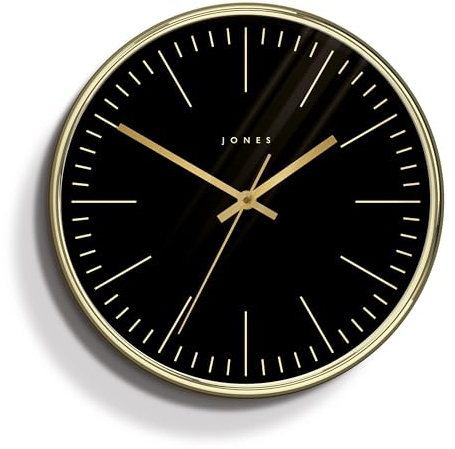 JONES CLOCKS Twilight Gold-Wanduhr, modernes Design, poliertes Gehäuse und schwarzes Markierungszifferblatt, 30 cm Durchmesser
