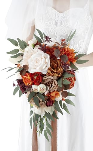 Yelinart Bouquet da sposa in terracotta da 25,4 cm, con rose artificiali a cascata, bouquet da sposa a cascata, per rustico, bohémien, autunno, vintage, cerimonia nuziale, feste e anniversari