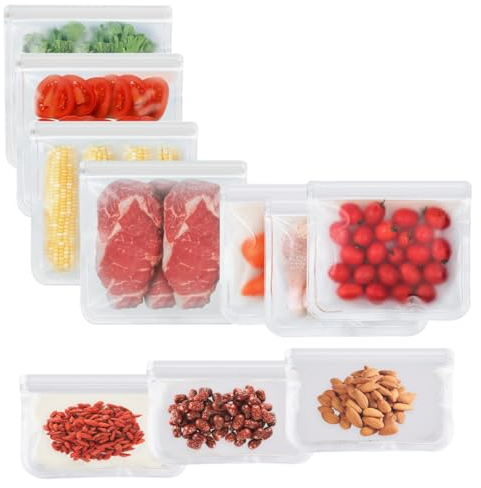 10 sacchetti in silicone riutilizzabili, design con cerniera, sacchetti per congelatore, sacchetti per panini, sacchetti per conservare verdure, latte, snack, carne