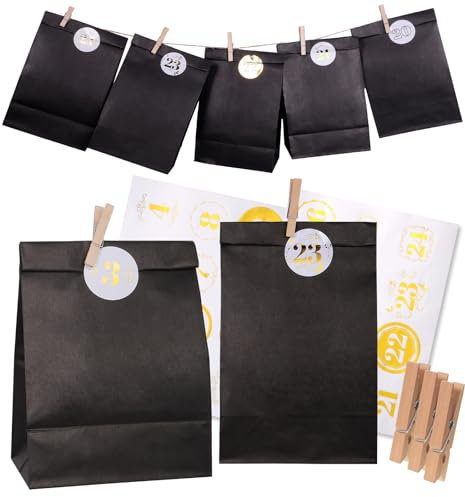 woric Adventskalender zum Befüllen 2025, 24 Papiertüten Schwarz mit Zahlenaufkleber 1-24 und Holzklammern Adventskalender Selber Basteln DIY Erwachsene Kinder