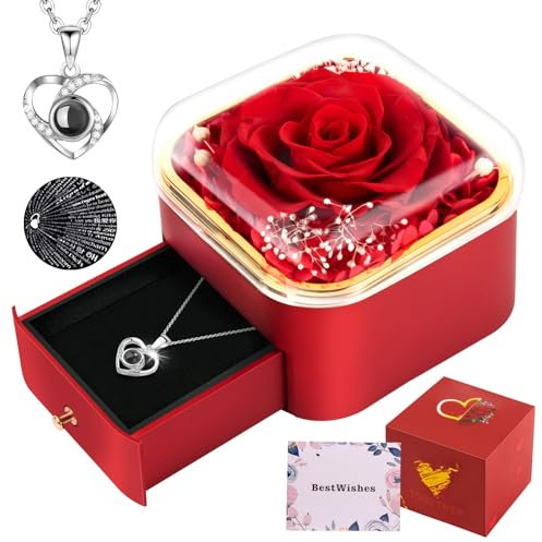 Rosa Eterna con Collana Personalizzata, Idee Regalo Donna Mamma Moglie, Rose Stabilizzate Vera per San Valentino, Festa della Mamma, Natale, Anniversario