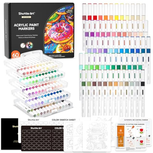 Shuttle Art 60 Farben Acrylstifte für Steine wasserfest, Steine bemalen Stifte Set mit automatischer Tintensteuerung, Acrylmarker mit Pinsel Spitze, Acryl Stifte für holz, Ostereier, Glas, Keramik