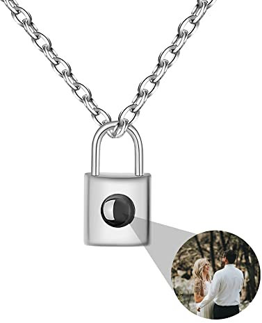 ZqlDDayUP Lock Pendant Necklace Personalised Photo Projection Necklace with Picture Inside Custom Photo Necklace 925 Sterling Silver Padlock Necklace Customized Picture Necklace Jewelry for Women