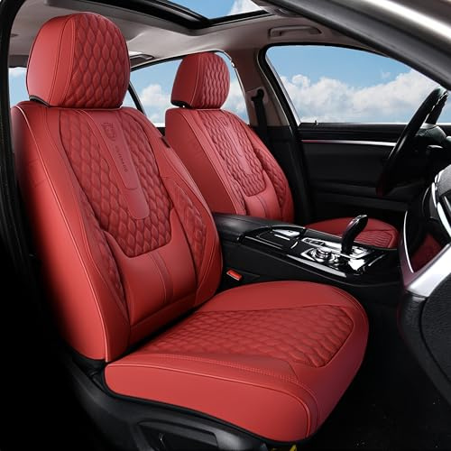 Coverado Car Seat Covers Front Seats, Luxury Faux Leather Red Seat Covers for Cars Waterproof Seat Covers with Lumbar Support, Car Seat Protector Universal Fit for Most Cars SUV Truck