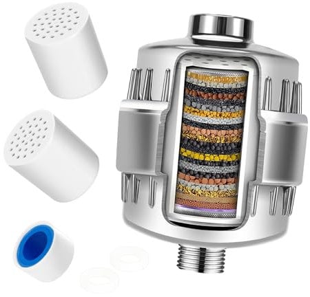25 Stadi Filtro per Doccia, Ledebouk Filtro Doccia Anticalcare con 2 Cartuccia di Ricambio,Filtro Anticalcare Doccia, Universale, pour Rimuove i Metalli Pesanti di e Altri Depositi in Acqua Dura
