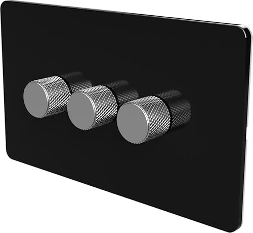 Flat Trailing Edge 2 Way LED Dimmer Switch Rotary Push On/Off for Dimmable LED and Halogen Lights - Black/Silver 3-Gang