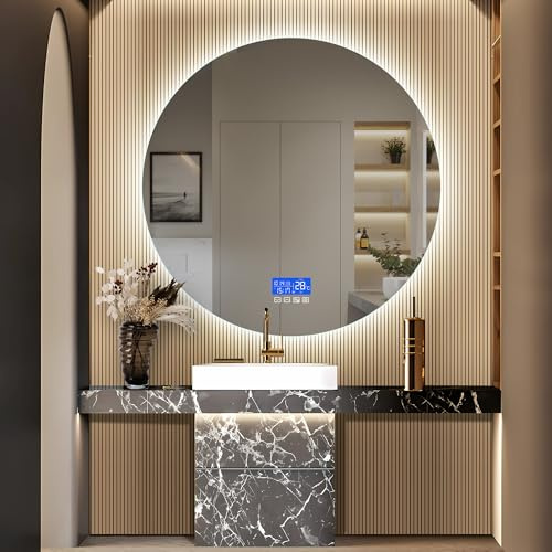 Mutuolux Miroir de Salle de Bain avec éclairage Miroir Rond éclairé de 100 cm de diamètre avec Affichage de la température Interrupteur Tactile 3 Couleurs Système antibuée sans Cadre Non sablé Argent