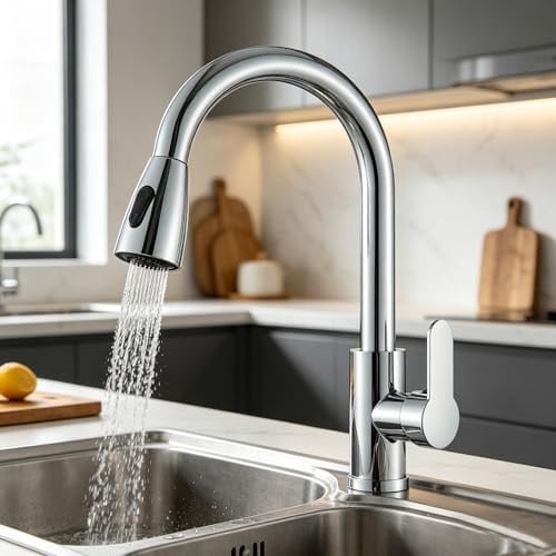Wasserhahn Küche,Hochdruck Küchenarmatur mit Herausziehbarer Brause Ausziehbar Armatur,360° Schwenkbar Zwei Sprühfunktionen,Einhebel Spültischarmatur Küche mit Hohem Bogen,Chrom