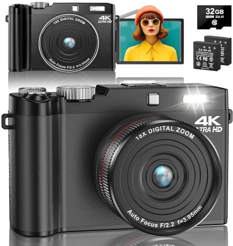Digital Camera 4K 64MP Autofocus Vlogging Cameras with 32GB Card & Macro Function, 18X Digital Zoom Compact Camera with 2.8'' 180° Flip Screen & 2 Batteries for Teens Beginners Adults
