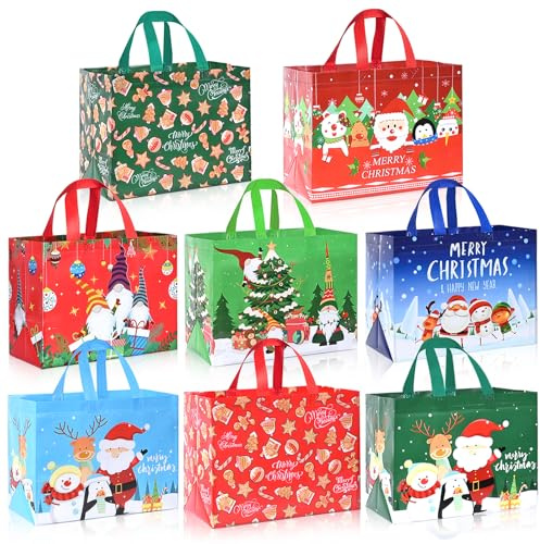 GOMANCHE 8 Pcs Christmas Large Gift Tote Bags with Handle, Xmas Reusable Non-Woven Grocery Bag for Wrapping Party Supplies, Holiday Party Favor, 32.5×25×17cm