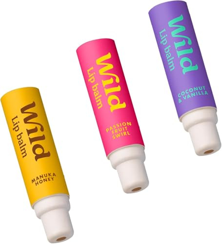 Wild Natural Refillable Lip Balm - 3 Pack of Lip Balm Refills in a Variety of Scents - Includes Passionfruit Swirl, Coconut & Vanilla and Manuka Honey Scents - Beeswax Free