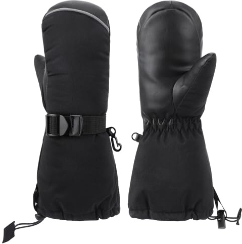 QKURT Kids Ski Mittens, Waterproof Anti Slip Snow Mittens, Winter Thermal Black Gloves with Warm Fleece Lining for Boys Girls Age 2-7