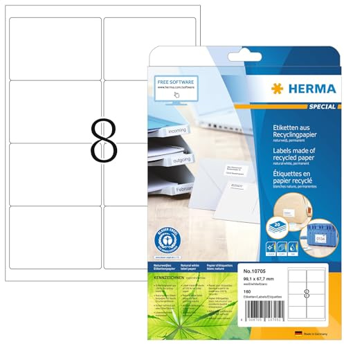HERMA 10705 Recycling Etiketten, 640 Blatt, 99,1 x 67,7 mm, 8 pro A4 Bogen, 5120 Stück, selbstklebend, bedruckbar, matt, blanko Recycling-Papier Klebeetiketten Aufkleber, natur-weiß