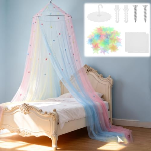 Betthimmel Mädchen, Baldachin Kinderzimmer mit 90 Leuchtenden Sternen und Haken, Himmelbett Vorhänge, Staubdicht Moskitonetz, Maschinenwaschbar, für Mädchen Zimmerdekoration(Mehrfarbig)