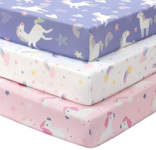 FIEMOL Baby Spannbettlaken 60x120 cm Babybett Spannbetttuch, 3er-Pack Mikrofaser Bettlaken Für babybetten, Ultrasanft & Seidigglatt Bettlaken Lila Regenbogen