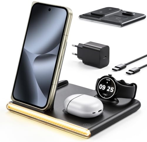 Endast för Google Pixel Watch 4 induktiv laddningsstation med nattlampa | 4-i-1 mobiltelefonladdare kompatibel med Google Pixel 10 Pro Fold, 10 Pro XL, 10 Pro/10/9/8/7 och Buds Pro 2/Pro-hörlurar