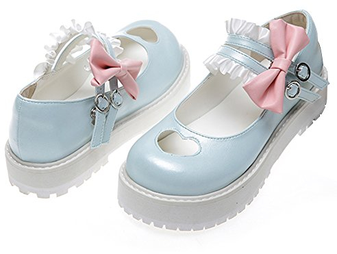 Japanese Sweet Lolita Hollow Heart Maid Cosplay Platform Mary Jane Flat Shoes Sky Blue