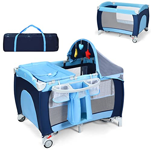 COSTWAY 4 en 1 Lit Parapluie, Parc pour Bébé avec Matelas, Moustiquaire, Entrée Latérale, Sac à Jouets, Table à Langer, Facile à Plier, 0-36 Mois, 120 x 60 x 72 cm (Bleu)