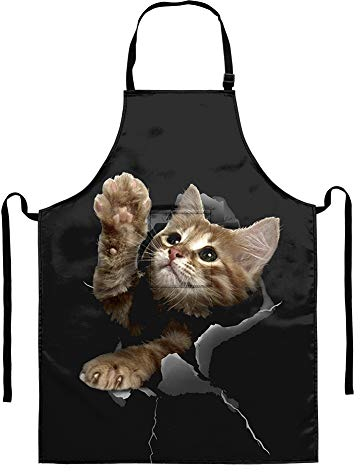 HUGS IDEA Lustige 3D Katze Vivid Animal Kitty verlängerte Küche 1 Stück Küchenschürze mit verstellbarem Hals & sichtbarer Mitteltasche langen Bändern für Damen | Koch | Frühjahr/Sommer (36 x 26,8)