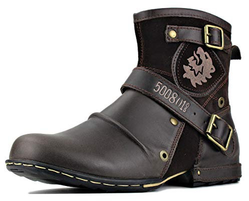 OSSTONE Chukka Stivali Cowboy Biker in Pelle Scivolare su Punta Quadrata Lunghezza di Vitello Tacco Western Uomo Stivali Invernali Piatto Caviglia Stivaletti Botas Boots 5008-1-IT Marrone Scuro 8.5