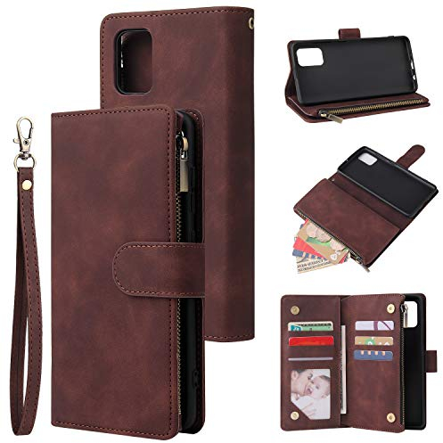 QLTYPRI Hülle für Samsung Galaxy A51, Premium Leder Handyhülle mit Große Kapazität 6 Kartenfach & 1 Reißverschluss Tasche Ständer Schutzhülle für Samsung Galaxy A51 - Kaffee Braun