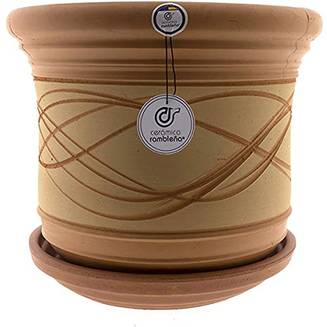 CERÁMICA RAMBLEÑA | Maceta Grande | Maceta Original | Maceta Exterior | Maceta Suelo Campana Baja Rústica-Hilo - Modelo J31 | Plato Incluido | 33x33x30 cm