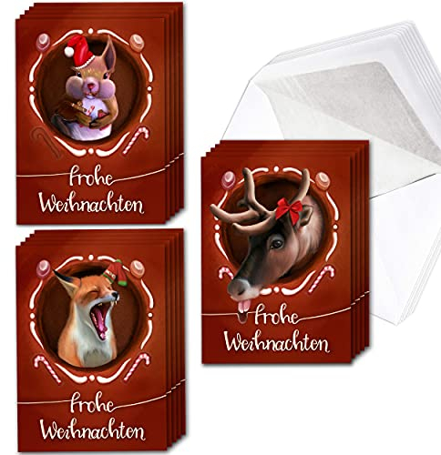 TOBJA Weihnachtskarten Klappkarten Set mit Umschlag - 15 lustige Karten Tiere im Lebkuchenhaus | 3 x 5 Motive für individuelle Weihnachtsgrüße | Premium dickes Papier & hochwertiger Umschlag by