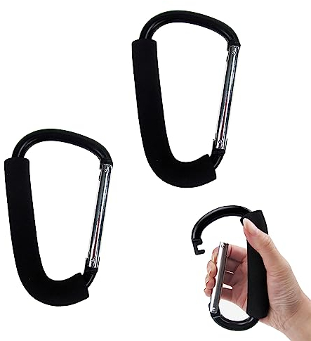 2 x Karabinerhaken, groß, schwarz, mit Clip, aus Metall, Camping, Aluminiumlegierung, Federschnallen, 16 x 10 cm, für Einkaufstaschen, Aufbewahrungstaschen, Regenschirme, Handtaschen an Ort und Stelle