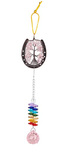 Nupuyai Rose Quartz Horseshoe Tree of Life Window Hanging Ornament Colouful Suncatcher, Crystal ball Prism Pendant Home Wall Art Good Luck Wedding Decor