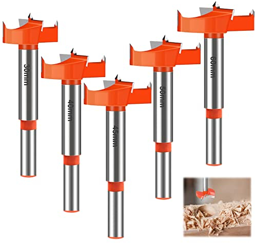 5 Pièces Mèches Bois 30/40/45/50/60mm, Fraises à Carbure, Queue Ronde Jeu de Forets, Drill Bits Pour Décoration Tiroirs, Meubles et DIY (Rouge)