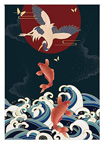 Odot Giapponese Noren Tenda per Porta in Lino, Stampa Pittura a Inchiostro Cinese Divisorie Lunga Tappezzeria Giapponese della Porta Tenda per Decorazione Porta Finestra Cucina (85x120cm,Oceano)