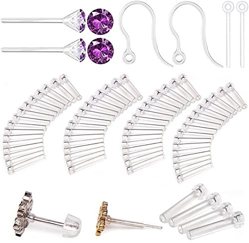 108 Pieces with Silicone Earring Allergy Sleeve for Sensitive Ears with 4 Sizes Anti-Allergy Sleeve and Posts and Hooks and Backs and Purple Zircon