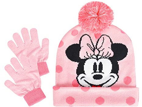 Concept One Unisex-Erwachsene Disney Minnie Maus Mütze und Handschuhe Set für Kinder, gepunktet, Wintermütze mit Bommel und Fäustling Beanie, Pink, Einheitsgröße