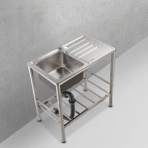 HomeLava Mobiles Spültisch Edelstahl Eckig Spülbecken mit Abtropffläche rechts Einzelspüle Spüle Campingküche Edelstahlspüle 1 Becken 76 x 46 x 80 cm inkl. Siphon, Über- und Ablaufgarnitur