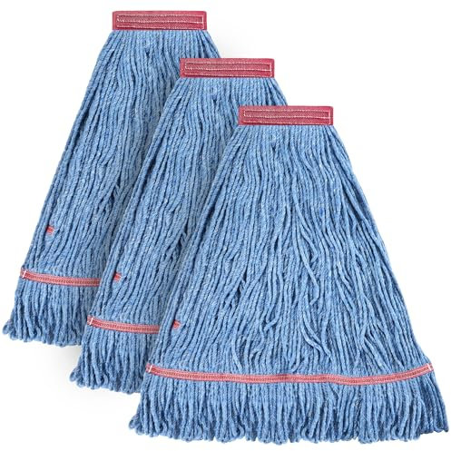 Matthew Cleaning 24oz Heavy Duty Mop Head Commercial Replacement for General and Floor Cleaning, Wet Industrial Blue Cotton Looped End String Head Refill (Pack of 3) Blue