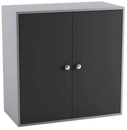 URBNLIVING 2 Tier Wooden Storage Cabinet Cupboard with Shelves Optional Doors Bedroom Bedside Unit Living Room Hallway Furniture (Grey & Black Door)